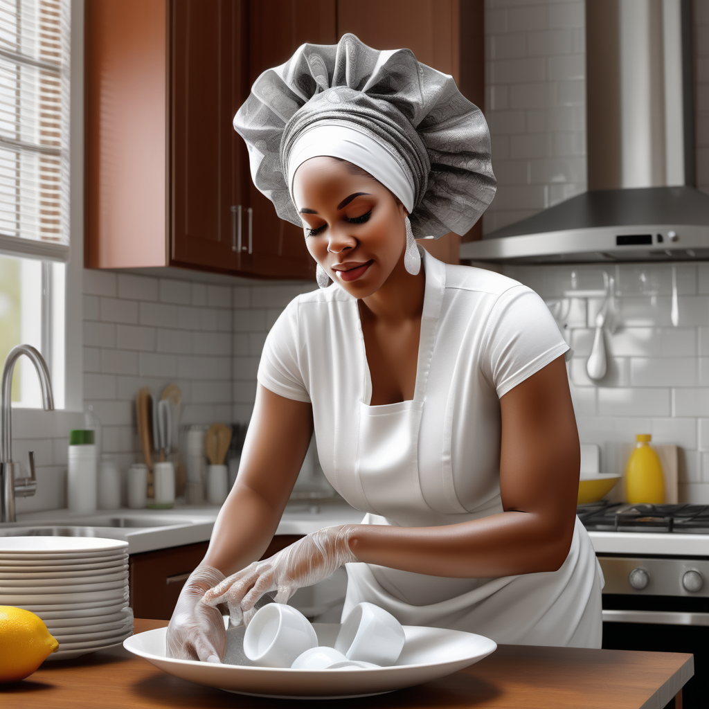 a realistic image of a black American biracial  large female wearing gele on head  cleaning dishes 