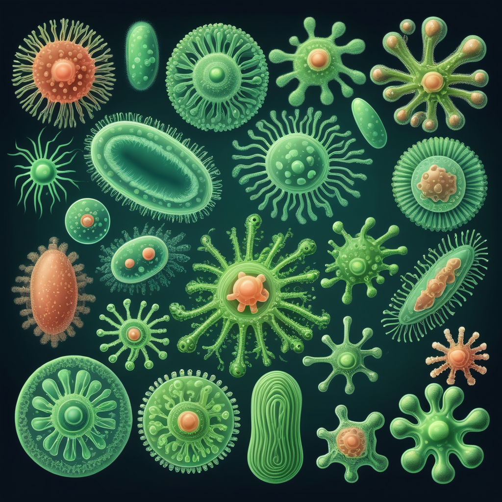 different species of bacteria algae protists virusses in the style of Haeckel

