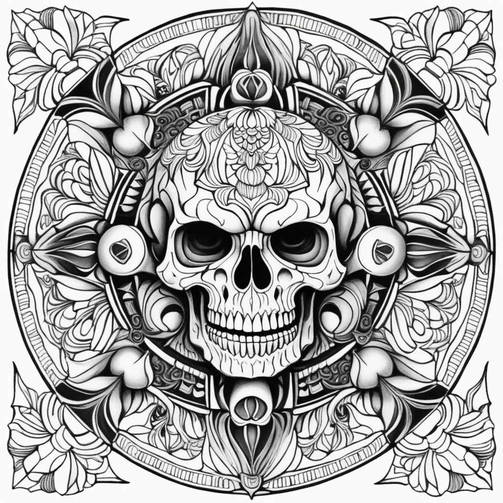 adult coloring book, black & white, clear lines, detailed, symmetrical mandala made of monster skulls