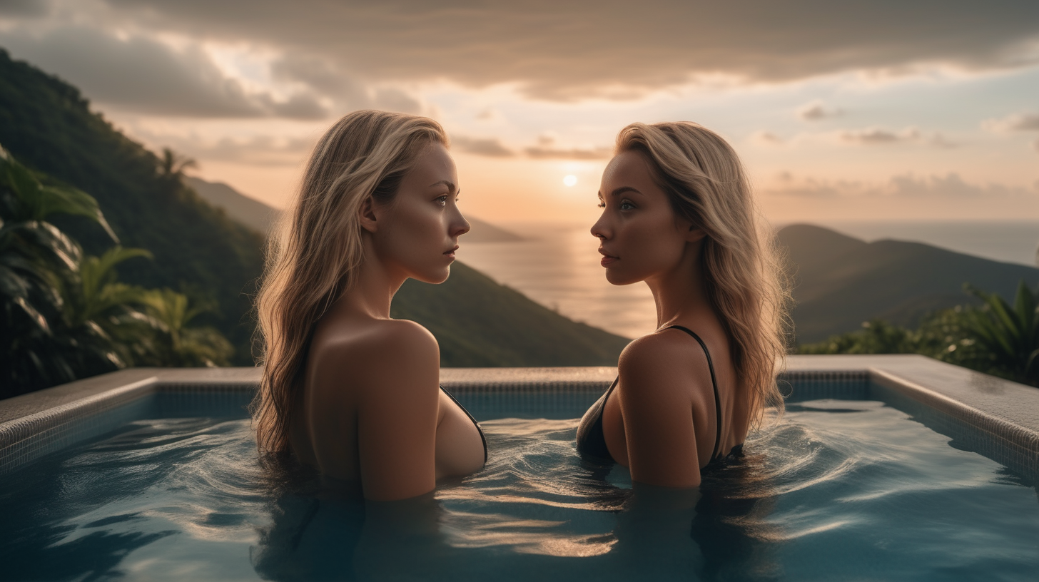 the photo is taken in a swimming pool on a mountain from which you can see the sea. a super realistic blonde and a brunnete beautiful women backs to the camera inside the pool, wearing bikinis. It is sunset. In the distance you can see the sea. On one side, you can see a mountain with a lot of jungle-like vegetation. The lighting in the portrait should be dramatic. Sharp focus. A ultrarealistic perfect example of cinematic shot. Use muted colors to add to the scene.