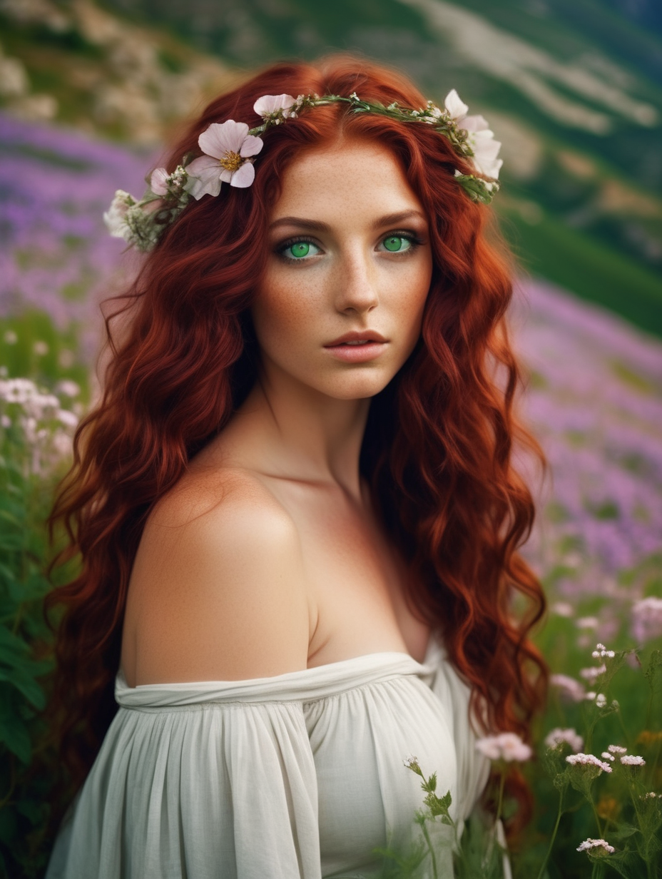 a very beautiful woman with wavy maroon hair, dark green eyes, in a valley of flowers. greek mythology 