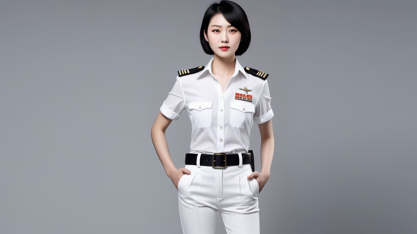 一名中国海军女兵
青年人
短发
黑发
白色衬衫
白色腰带
白色西裤
白色高跟鞋