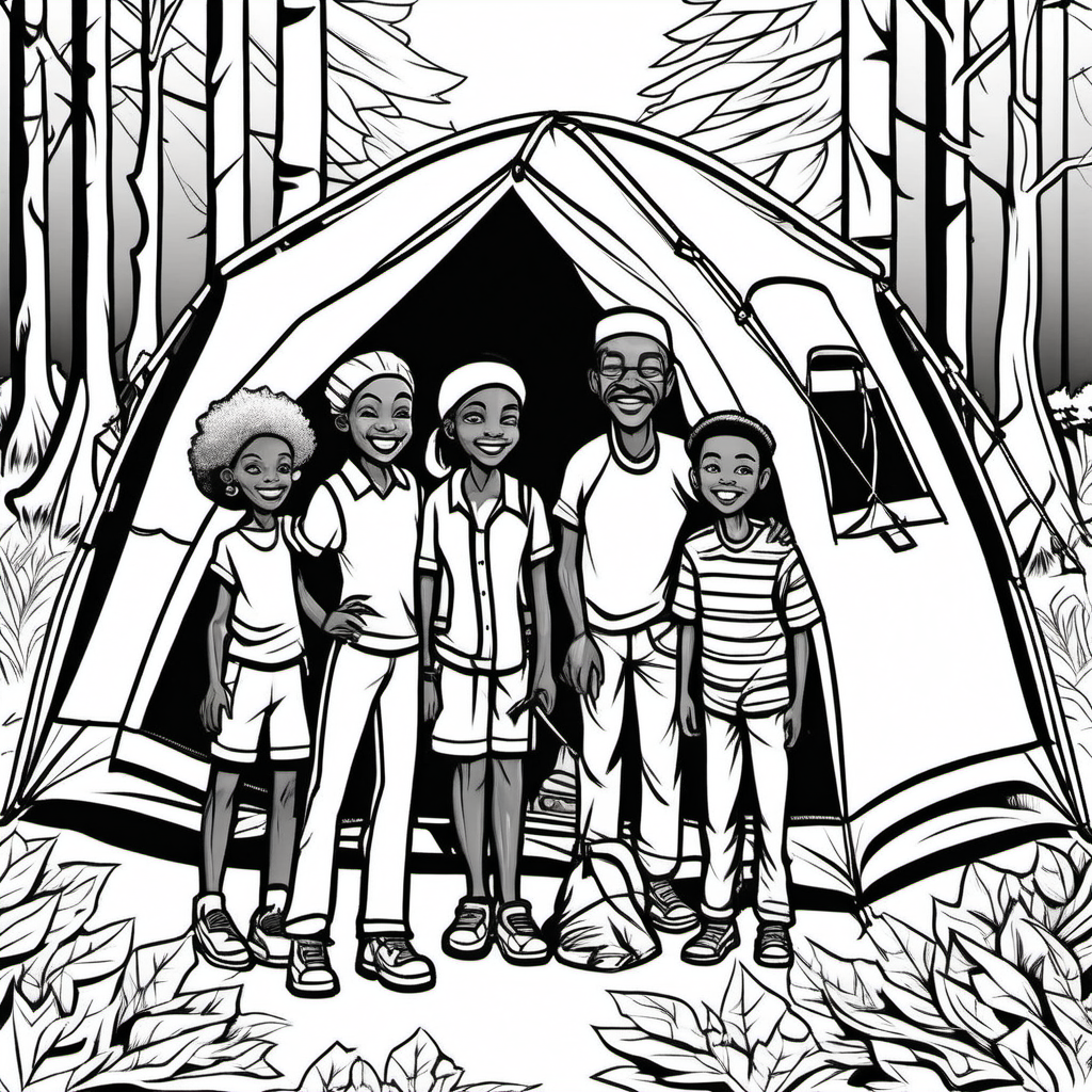African American multigenerational family camping in woods with tent, well composed, clean colouring book page, no dither, no gradient, strong outline, no fill, no solids, vector illustration, -ar 9:11 - v 5