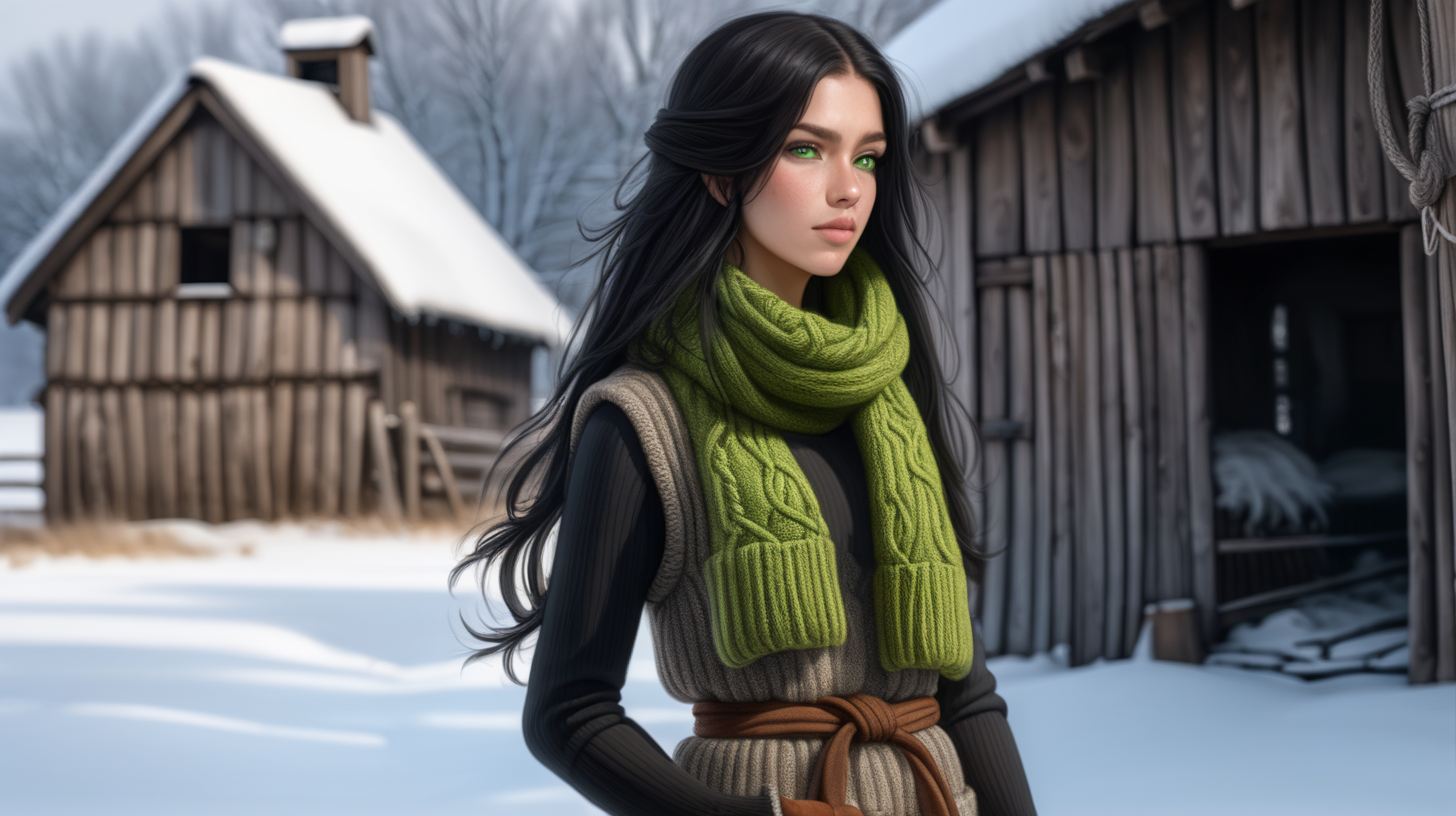 A beautiful peasant woman with long black hair and green eyes works in the pen in front of the barn. Around her are seeps- black and brown. Earth is  transformed  in deep mud mud. The barn is surrounded by a fence of old wooden posts and wire mesh. It's winter, everything is covered with a thick layer of snow. Mud and snow mix. The peasant woman wearing black short rubber rain boots. Brown coarsely knitted woolen socks stick out from them - up to the middle of the leg and. On top of them, to keep her warm, she has put on green - brown, very wrinkled and crumpled woolen knitted gaiters. It is worn with thick elastic leggings, over it there is a short knitted skirt in black and brown. A chunky brown-gray wool sweater with a chin-high collar is snug around her. over it she wore an off-white furry sleeveless sweater with a triangle neckline. Above all this is a open short  quilted waistcoat in green. On his head he wears a thick knitted woolen gray hat . He also has a thick scarf sloppily draped around his neck. He also wears gray knitted woolen gloves. across the waist, a thin hemp rope is wrapped 6-7 times and tied with knot.