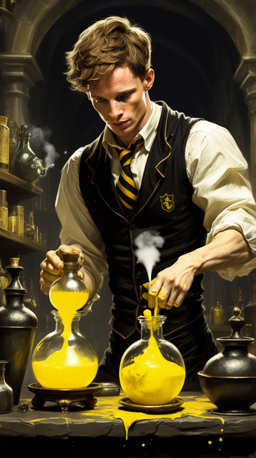 Create a dark fantasy art illustration,  frank frazetta style, of Eddie Redmayne, as a Hogwarts Hufflepuff House student mixing potions.