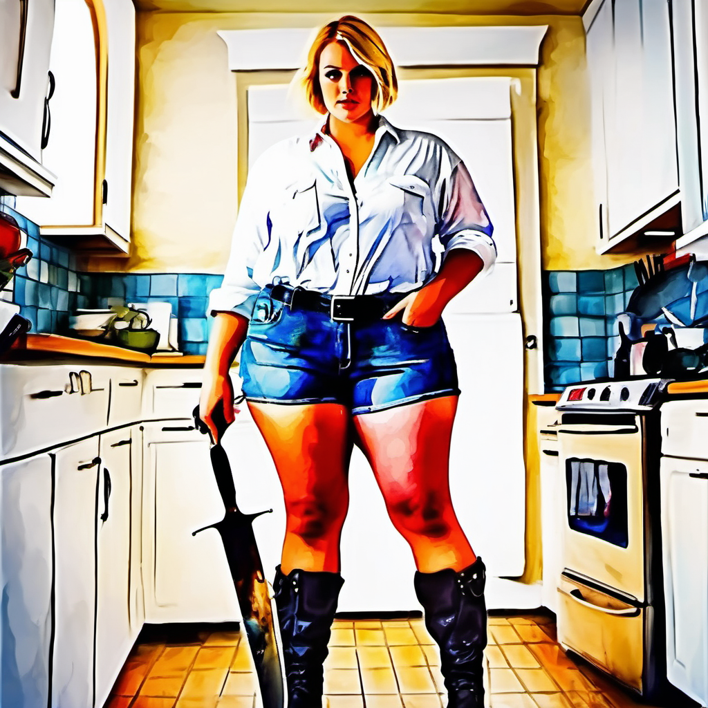 Image pov by curvy plus sizeblonde woman ,short hair wearing a jeans short and white shirt  wearing boots , big ass,wide hips,with a knife in the hands stand, full body,   on the kitchen, image based in watercolor paint.