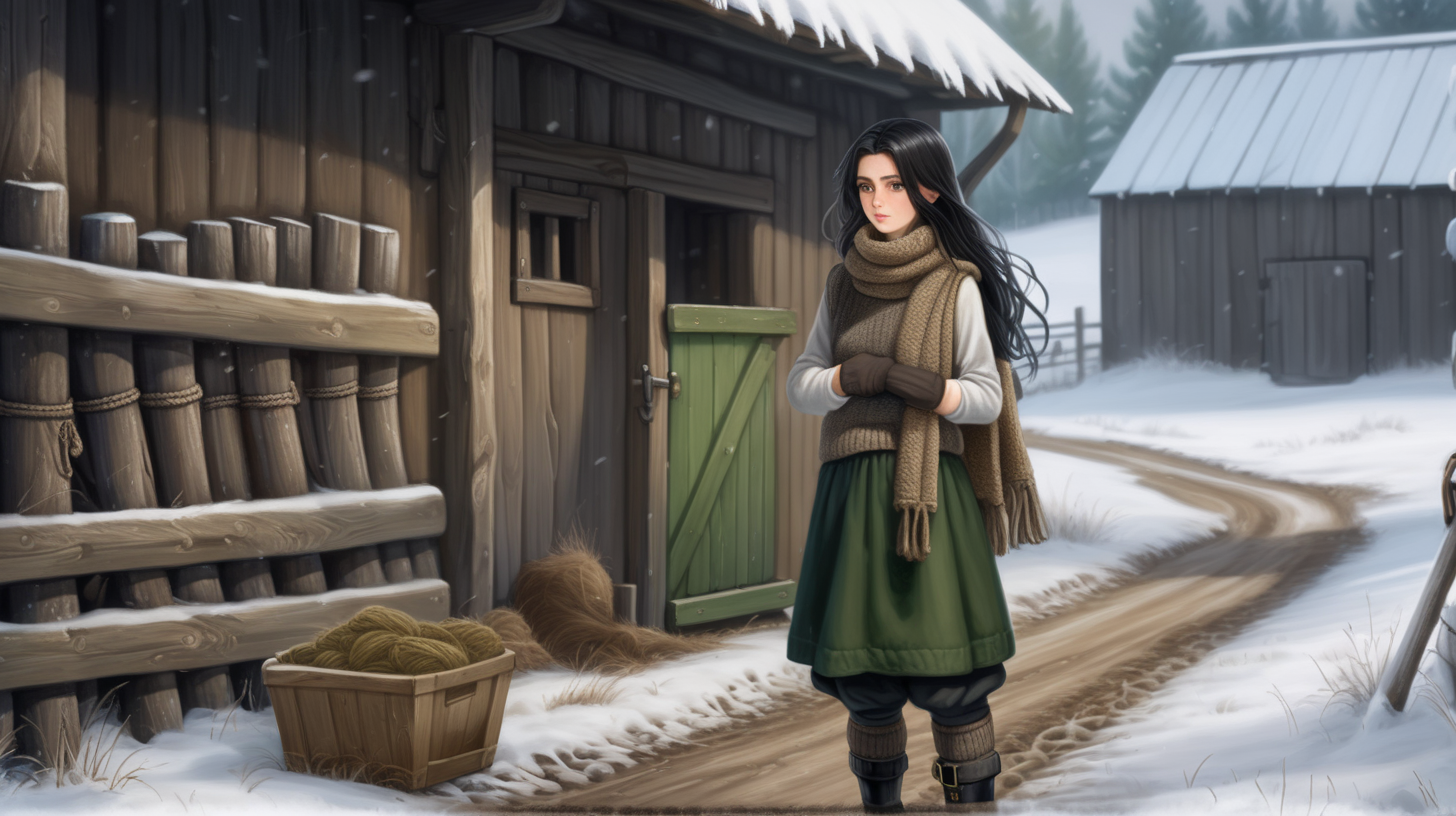 A beautiful peasant woman with long black hair and green eyes works in the pen in front of the barn. The peasant woman wearing black short rubber rain boots.Around her are seeps- black and brown. Earth is  transformed  in deep mud mud. The barn is surrounded by a fence of old wooden posts and wire mesh. It's winter, everything is covered with a thick layer of snow. Mud and snow mix.  Brown coarsely knitted woolen socks stick out from them - up to the middle of the leg and. On top of them, to keep her warm, she has put on green - brown, very wrinkled and crumpled woolen knitted gaiters. It is worn with thick elastic leggings, over it there is a short knitted skirt in black and brown. A chunky brown-gray wool sweater with a chin-high collar is snug around her. over it she wore an off-white furry sleeveless sweater with a triangle neckline. Above all this is a open short  quilted waistcoat in green. On his head he wears a thick knitted woolen gray hat . He also has a thick scarf sloppily draped around his neck. He also wears gray knitted woolen gloves. across the waist, a thin hemp rope is wrapped 6-7 times and tied with knot.