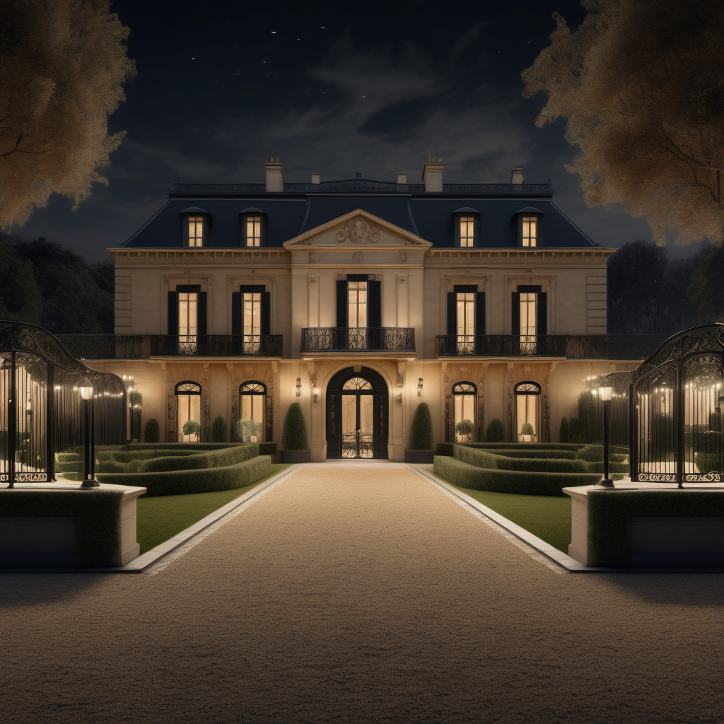 a hyperrealistic of a grand Modern Parisian estate home horse trotting arena at night with mood lighting, fully fenced with black wrought iron, manicured gardens , in a beige oak brass and black colour palette 
