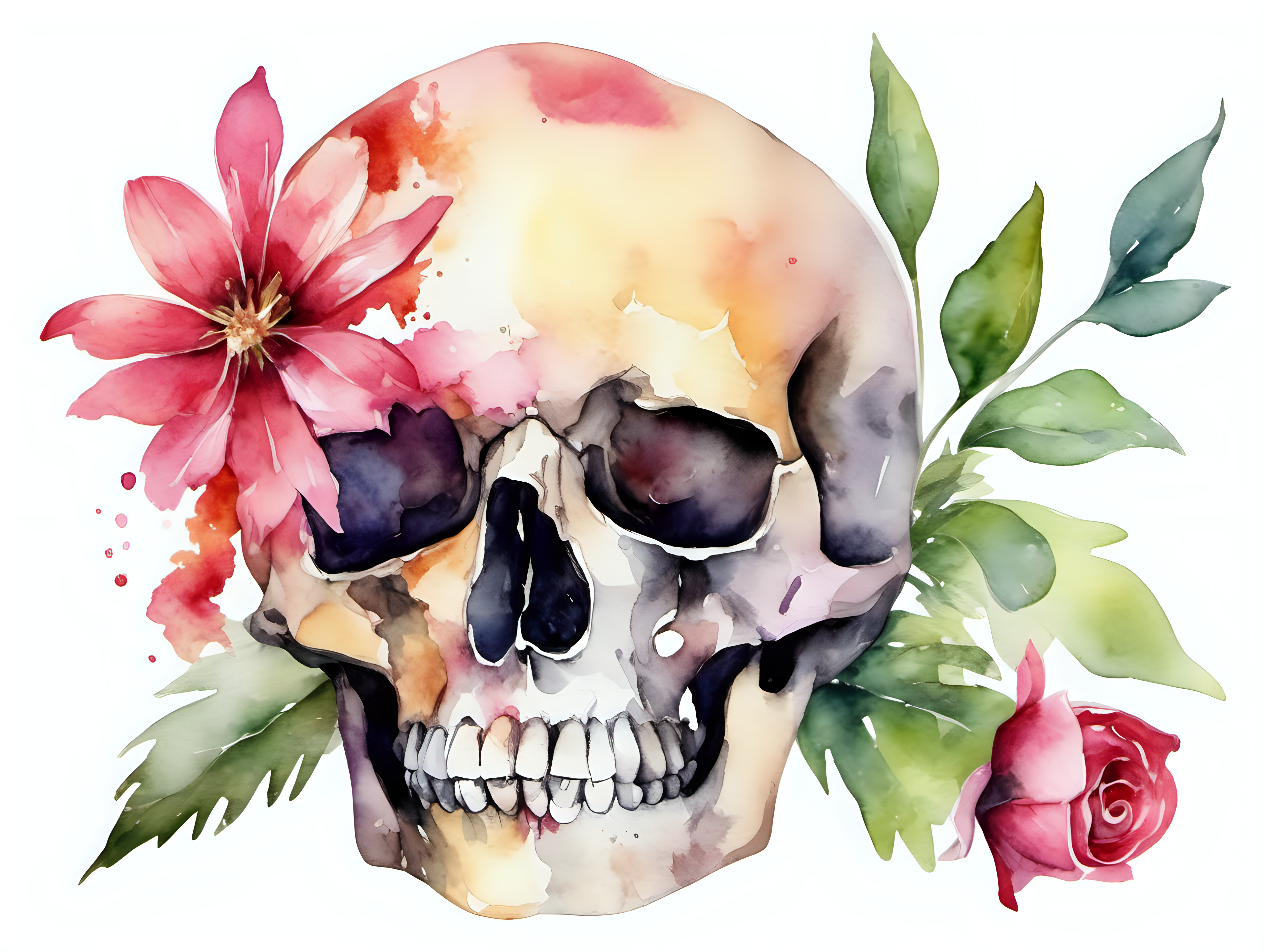 skull with Azalea blossom in the style of watercolor, on a white background
