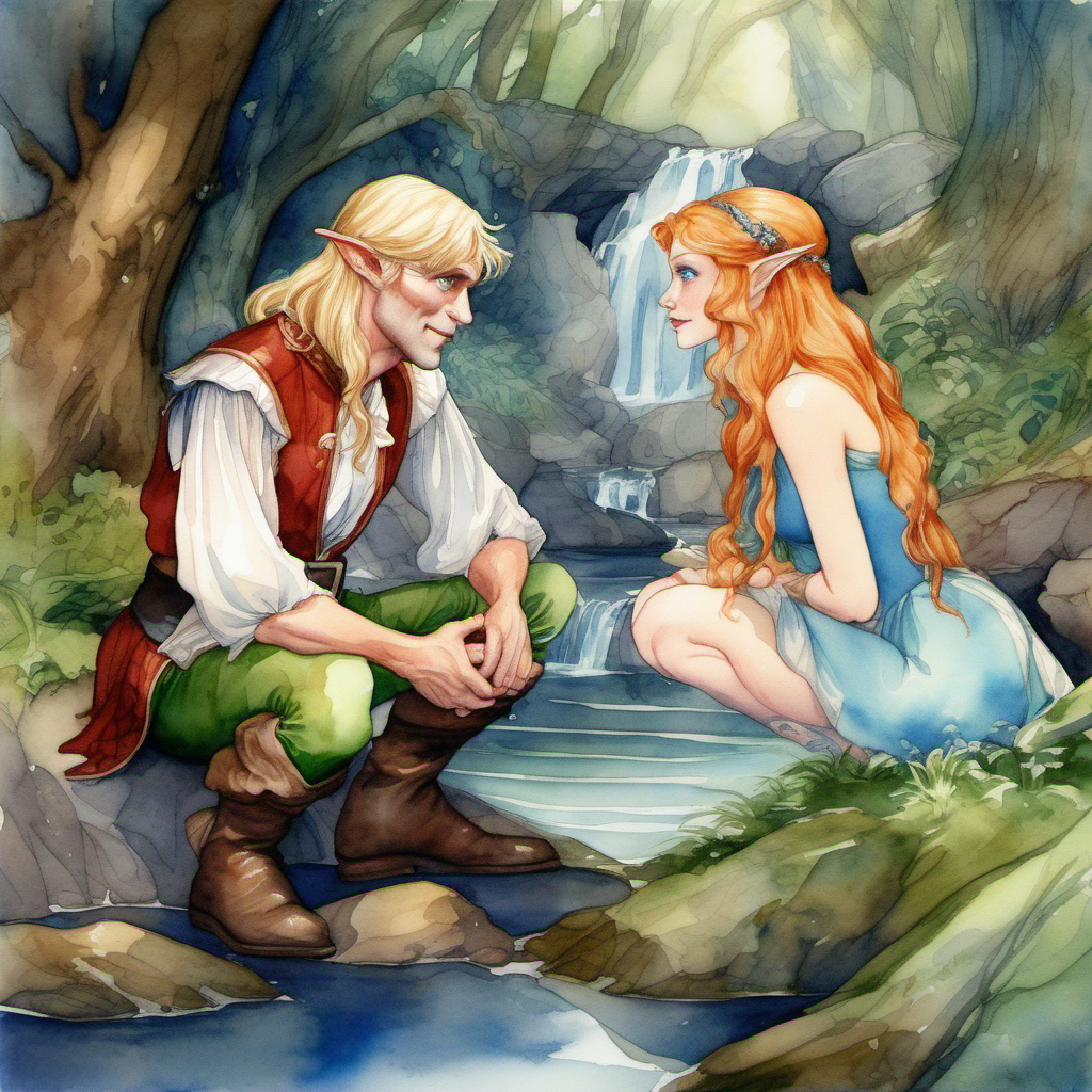 A watercolor painting of a blond male middle-aged elf with blue eyes talking to a beautiful redhaired middle-aged female fairy with blue eyes by a stream in fairyland