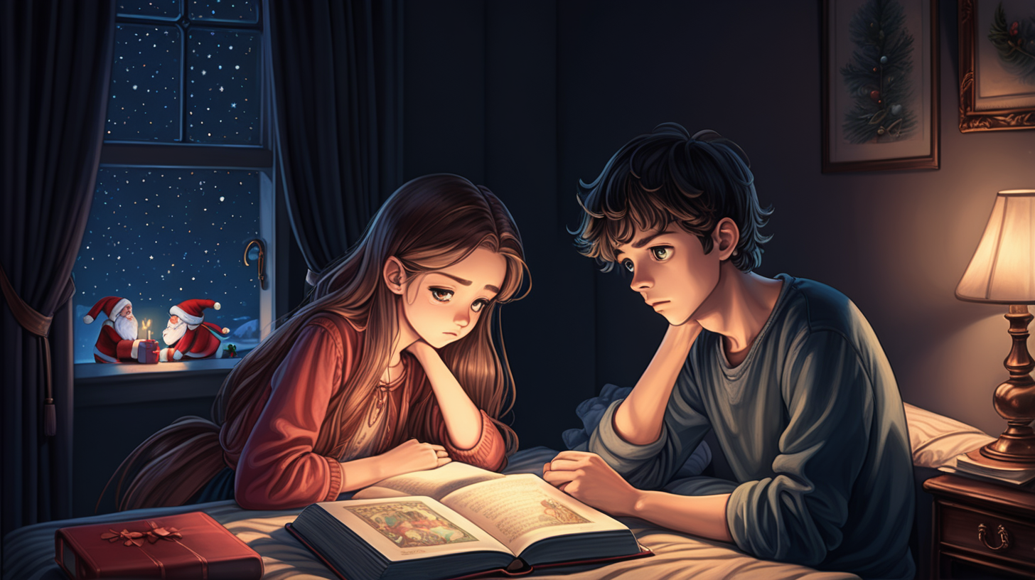 Late one night, handsome young people in room, dark room, (sadness), Christmas, fairy tale book drawing style, simple full color, high quality, lively eyes, dark, gloomy, dark color, in room, natural eyes