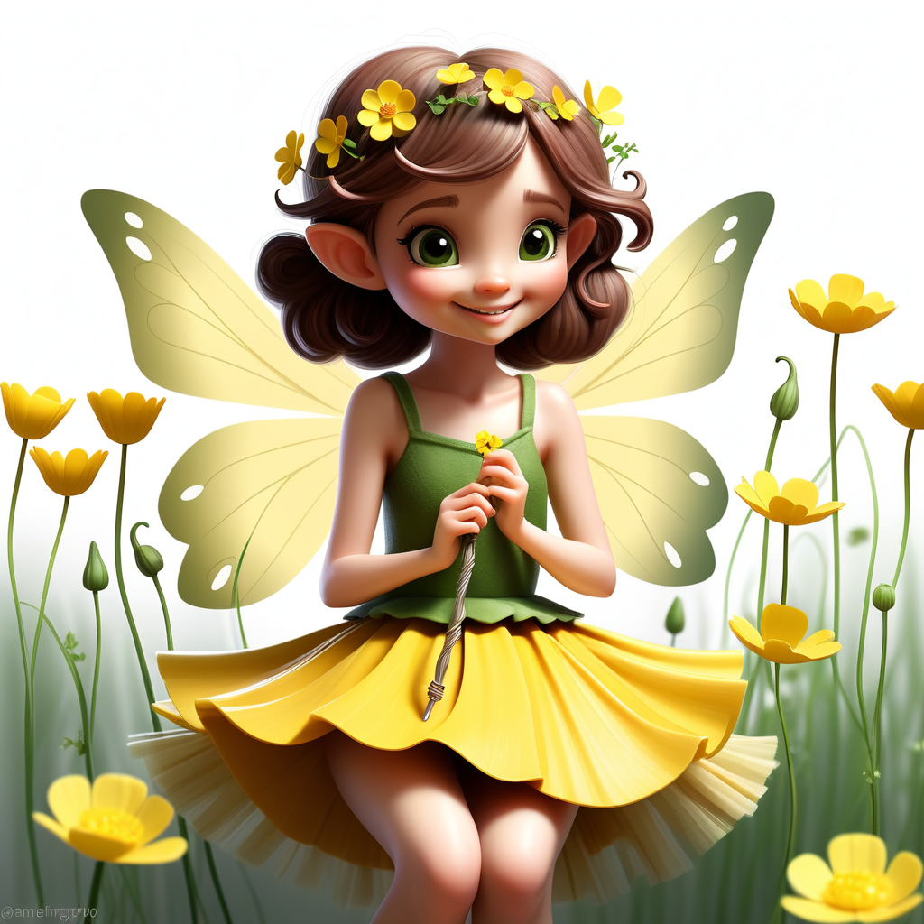  /envision prompt: "Adorable Fairy with Buttercup Skirt" - A charming fairy with a skirt made of buttercups, holding a tiny wand, and a gentle smile, set against a pristine white background.