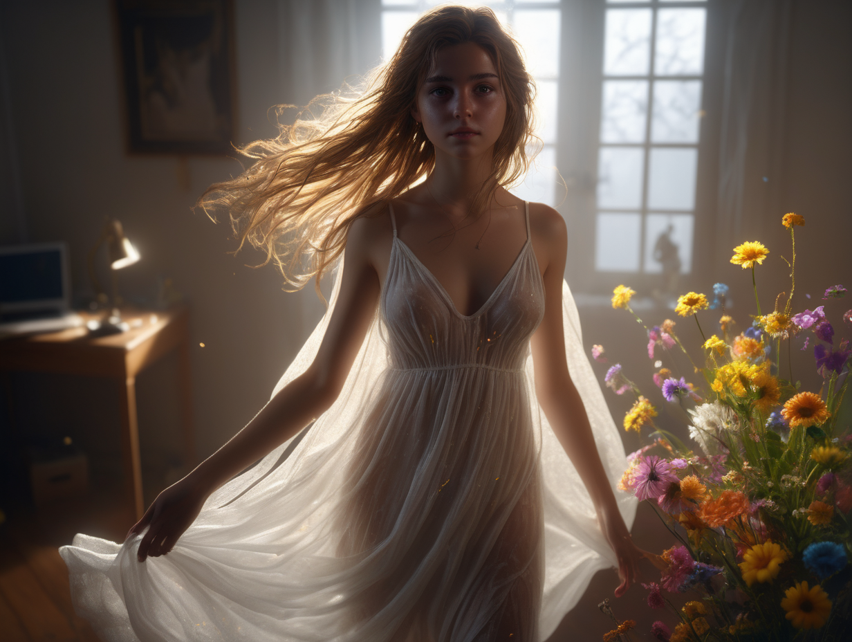 (backlit:1. 4) (volumetric:0. 9) lighting, (godrays:0. 8), best quality, masterpiece, highres, ultra-detailed, 22 year old girl. (messy:1. 3) hair she is wearing white flowing sheer dress. she is (glistening:0. 9) The light is coming from one soft box (directly:1. 1) from above her. <lora:SM_01> BDSM <lora:3DMM_V12> she is in her room with colorful flowers around her, (golden:0. 9) (small:1. 2) particles (floating:1. 1) in the (hazy:1. 3) air.