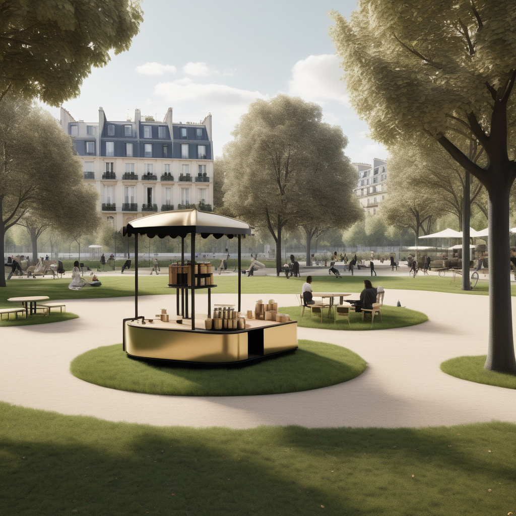 hyperrealistic modern Parisian park with coffee cart, sprawling lawn and playground; beige, oak, brass and black colour palette

