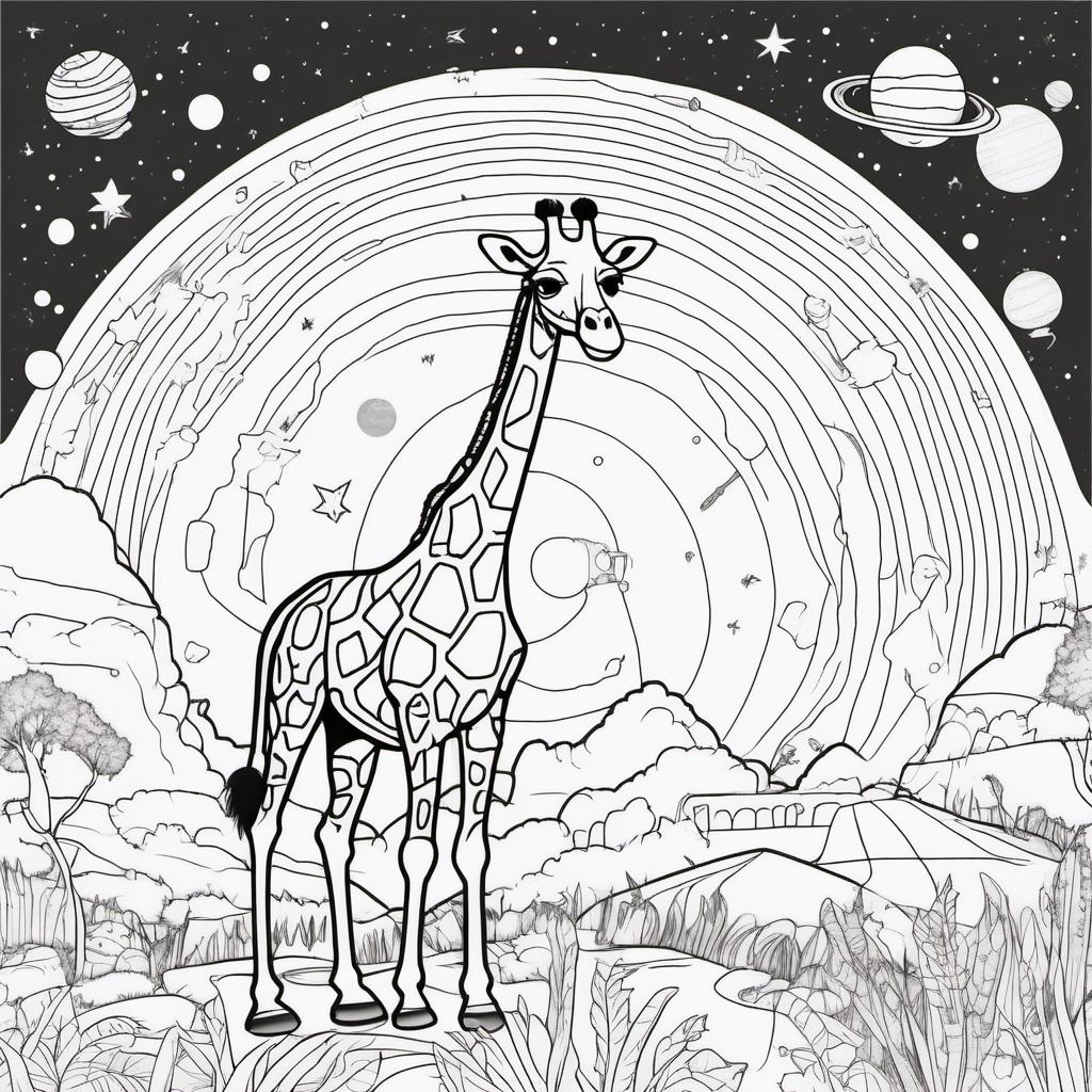 /imagine colouring page for kids, Giraffe Cosmic Adventure, spaceship exploring a colourful galaxy, thick lines, low details, no shading --ar 9:11