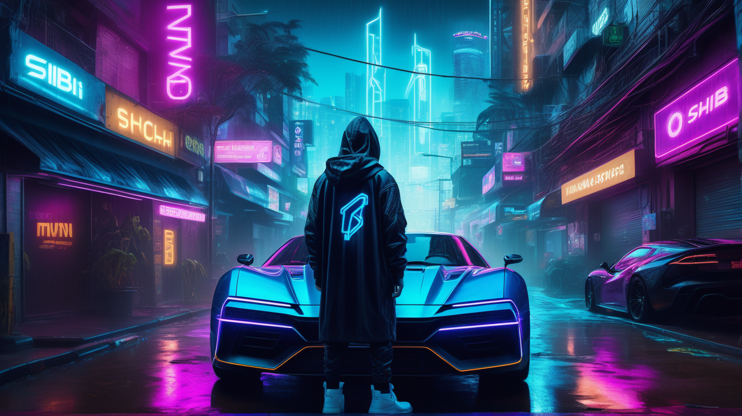 "A hyper-realistic photograph depicts a cyberpunk rendition of a future metropolis at night. The scene centers on a hooded figure, exuding an aura of mystery, standing by a futuristic sports car that gleams with metallic hues under the ambient neon lights. Above in the dense urban jungle, neon signs cut through the misty air, with the word 'SHIB' prominently displayed, signifying the cryptocurrency's integration into the fabric of society. The rain-slicked streets reflect the myriad of neon, including the bright 'SHIB' logos that illuminate the surroundings with a cool electric blue, adding depth and brilliance to this nocturnal urban landscape."
