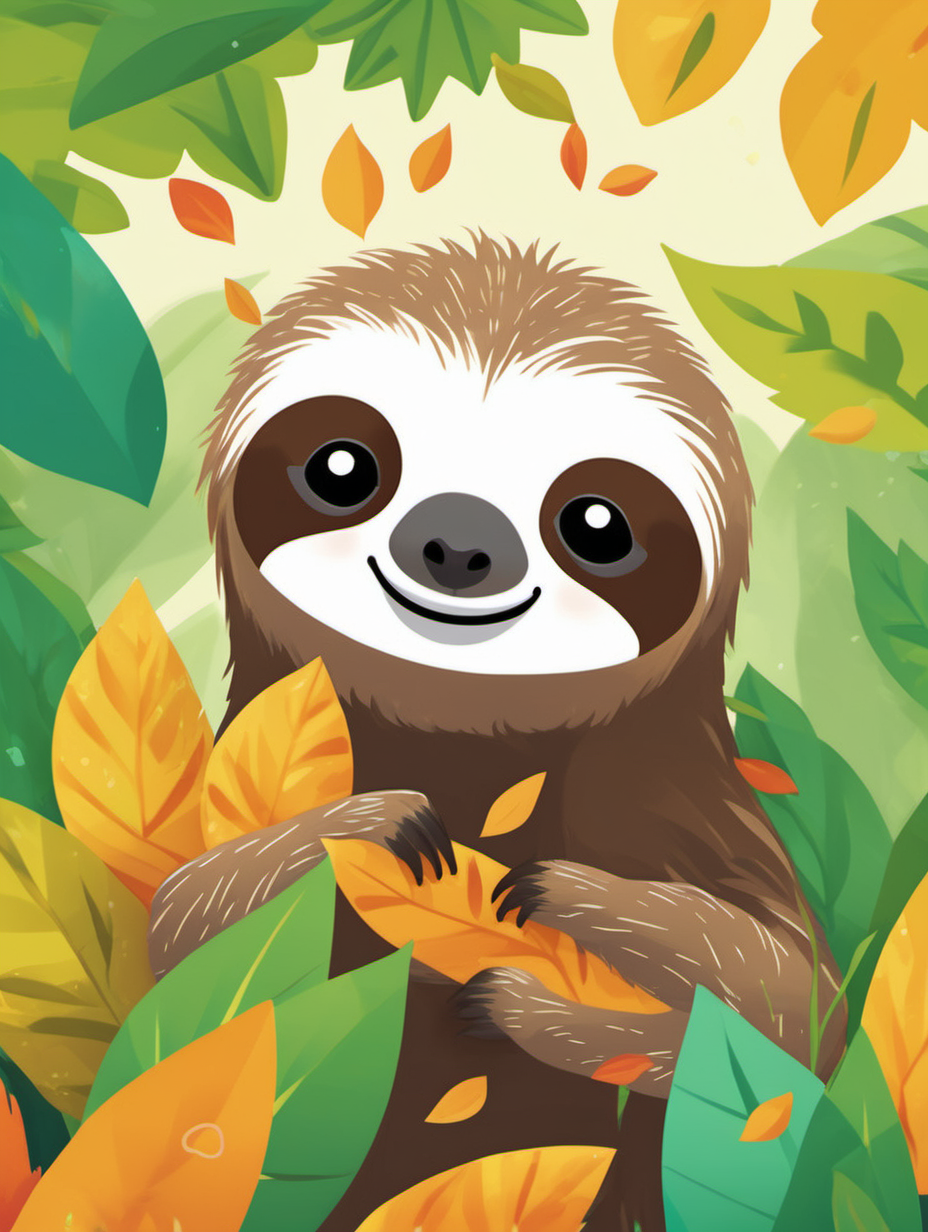 Generate a vibrant book cover featuring a cute sloth hold a leaf that's falling. Ensure both characters are in full color, and include a background of lush leaves to enhance the natural theme. The cover should be visually appealing and convey the charm of these adorable creatures. Feel free to add any additional elements that enhance the overall appeal of the cover for a children's book. –v 5.1 --ar 2:3