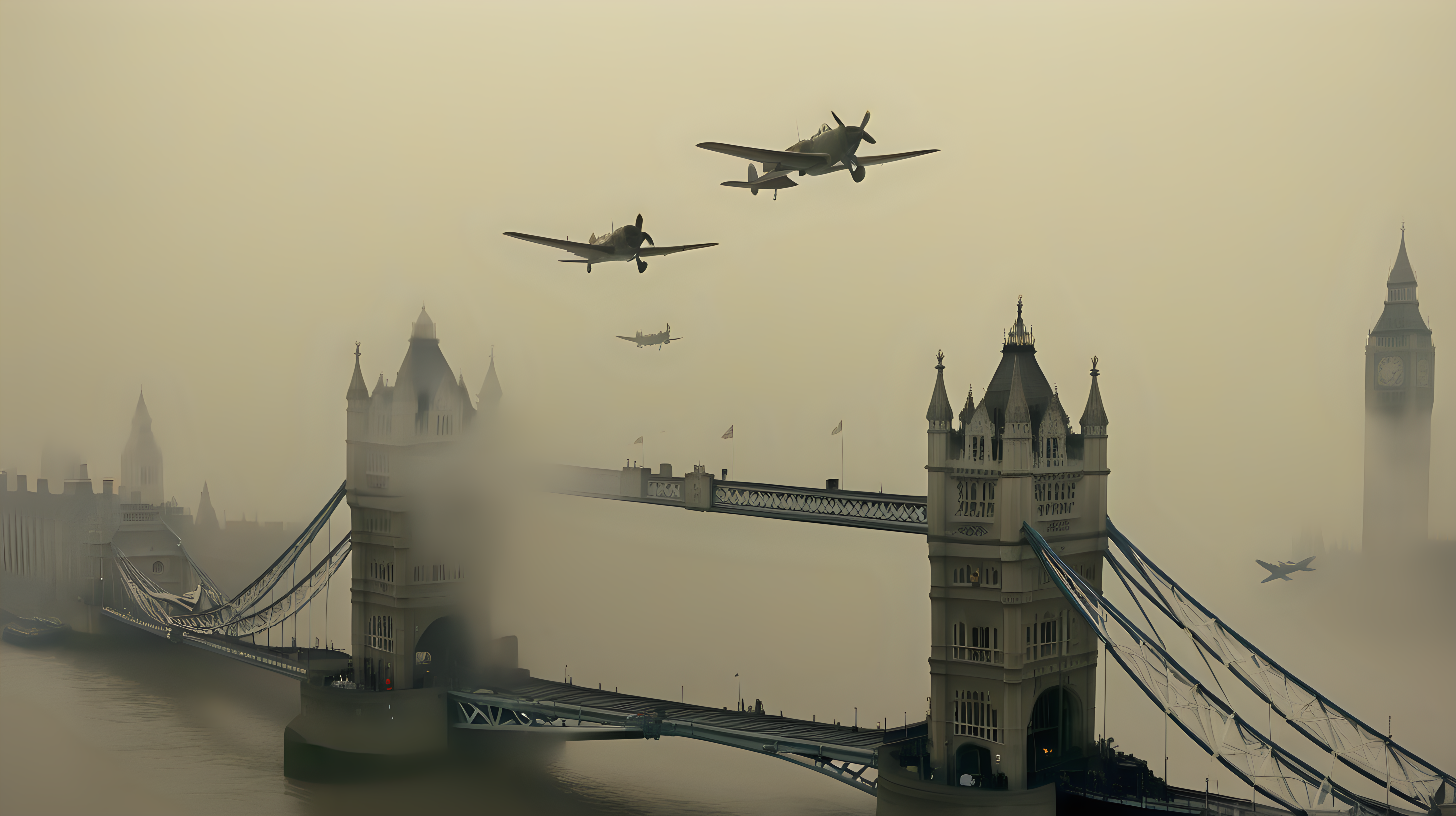 WW fighter planes flying over London Bridge shrouded