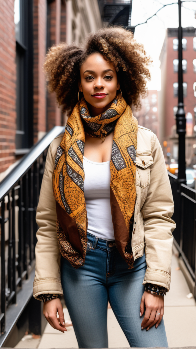 A beautiful, light skinned woman, wearing curly hair, Facing the camera, wearing an African printed scarf, wearing a Beige, Levi denim jacket reimagined into a waist length, down filled jacket, with brown fur shawl collar, African printed fabric inserted in various places, show Front, Back, and Side views, standing on the stoop of a Brownstone in Harlem NY in the background