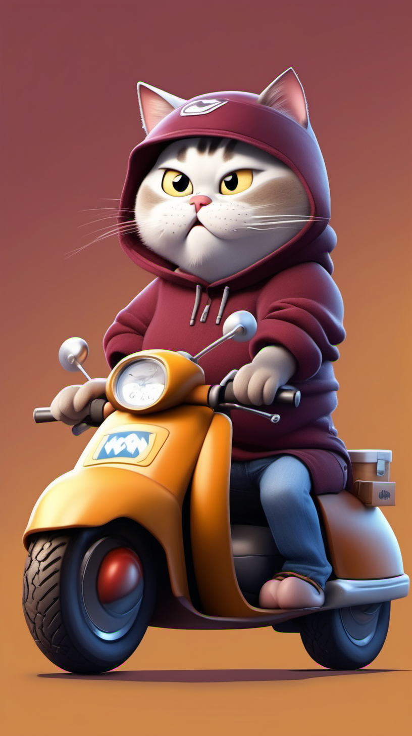 create ai disney pixar caricature photos. Fat little cat. Funny Face. Eyes bulging, riding a mini Scoopy motorbike. wearing a helmet that says COURIER. wearing a maroon hoodie that says COURIER, wow expression. Carrying a Big Box, Hamlet atmosphere background.