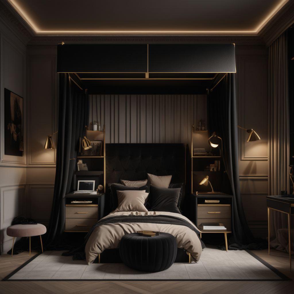a hyperrealistic of a grand modern Parisian estate home Teenagers bedroom at night with mood lighting, a double bed with a canopy, desk, in a beige oak and brass and black colour palette
