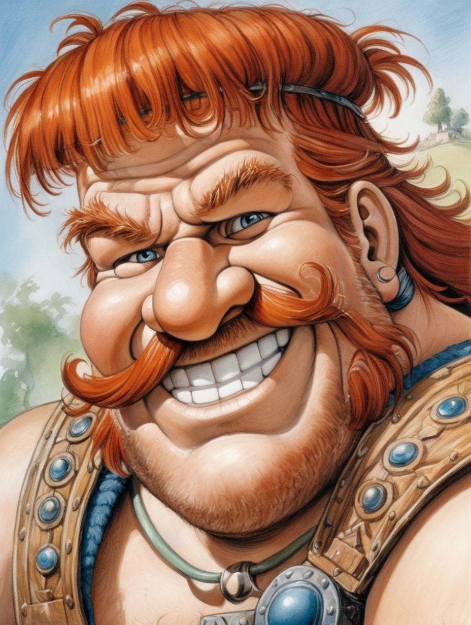 portrait of Obelix the Gaul who is smiling