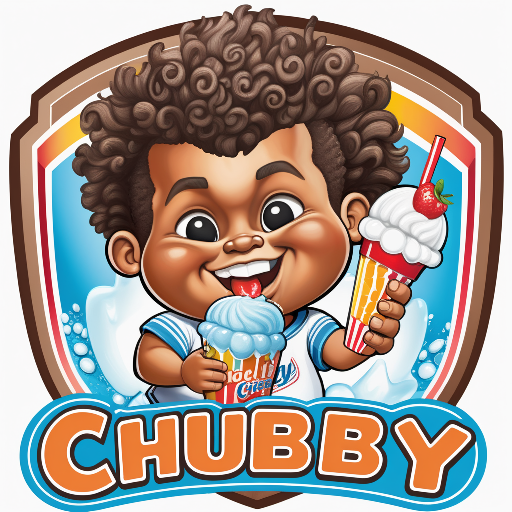 Creat an image of a stylized 3 dimensional emblem with resemblance to a badge or seal. The emblem features the words “Chubby Cheeks Iceys” in bold raised lettering. The central image is a cute African American boy with a curly Mohawk holding an italian ice 