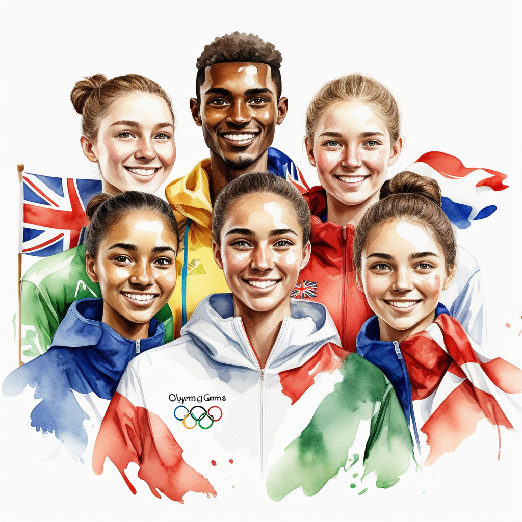 bílé pozadí_ vytvoř realistickou ilustraci_tváře různých národnosti_olympijské hry nejsou jen o sportu, ale také o přátelství_ pomáhat si_moc lidí_ oblečení mají lidé v barev vlajek_ve stylu akvarel