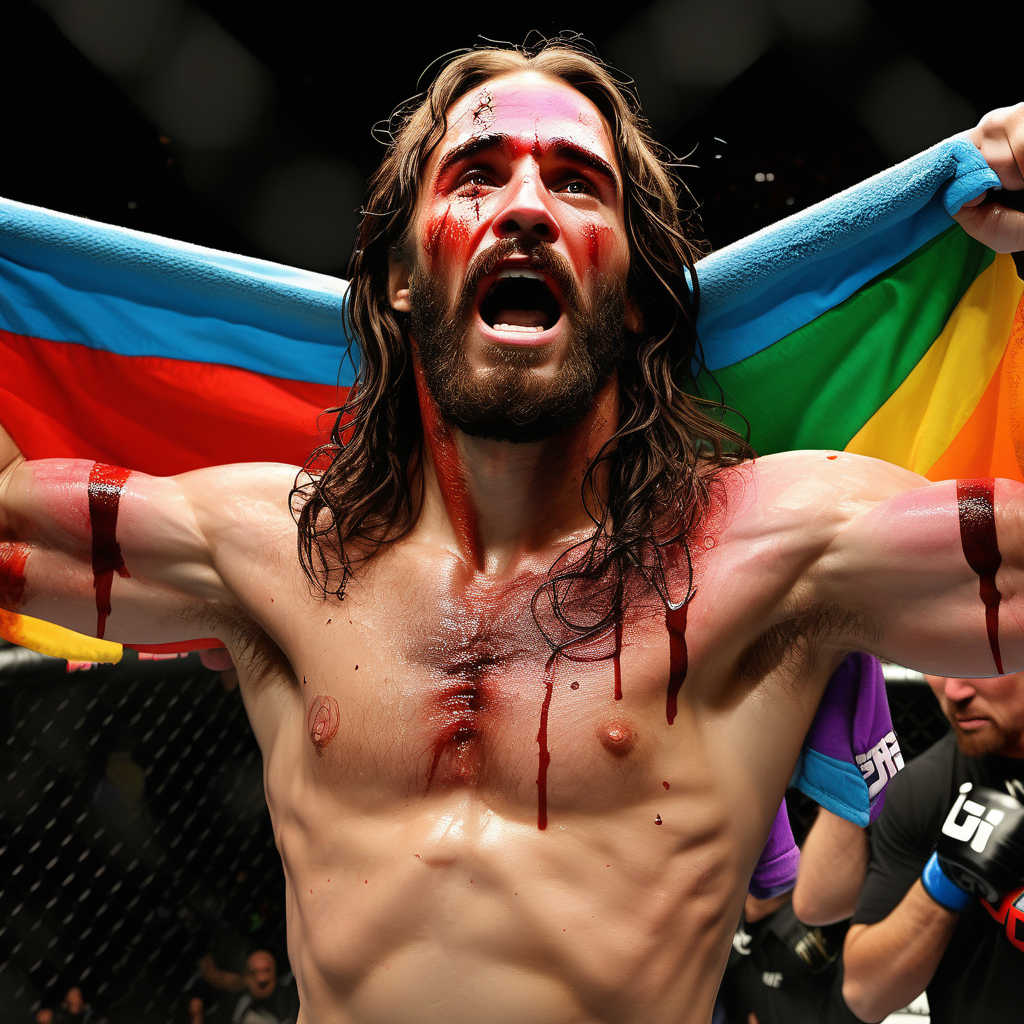Jesus UFC fighter octagon rainbow loving victory with bruising blood