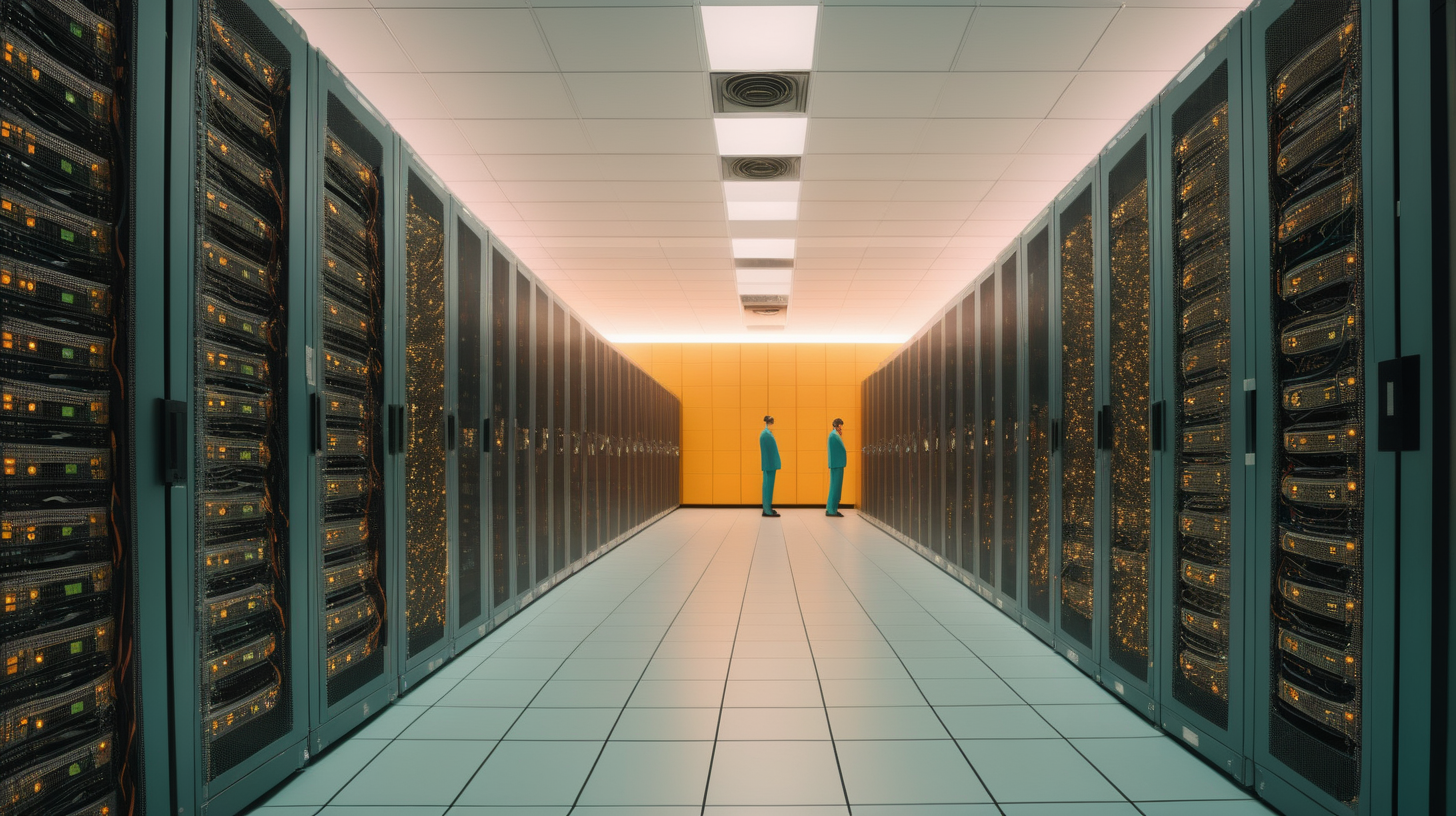 close up, high quality photograph of a servers in a huge data center in the style of a wes anderson movie
