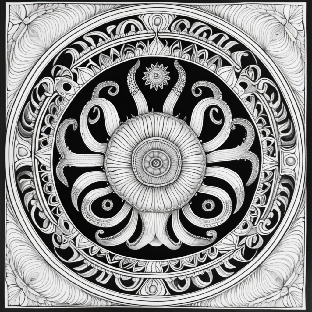 adult coloring book, black & white, clear lines, detailed, symmetrical mandala, giant squid