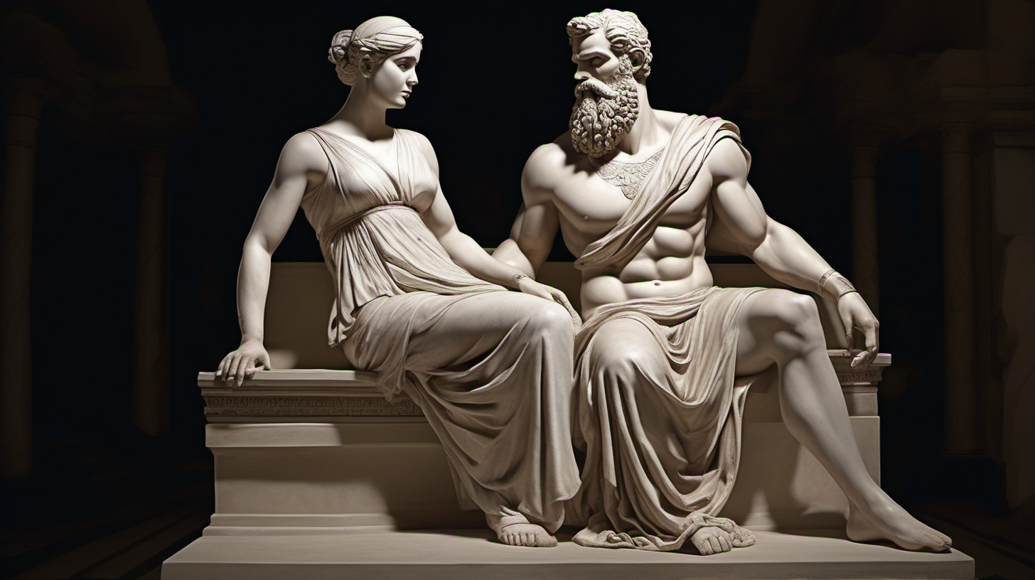 ﻿
Image of a full-body statue depicting a muscular, bearded man sitting near to his beautiful wife. The statue should be in the style of ancient Greek art, characteristic of Stoicism. It should feature clothing elegantly draped over one shoulder. The background should be dark, highlighting the statue as the central element. The statue must demonstrate exceptional
craftsmanship, with intricate details visible in the facial features and attire. The image should have a dramatic feel, achieved through the interplay of light and shadow. The perspective should be a wide shot.