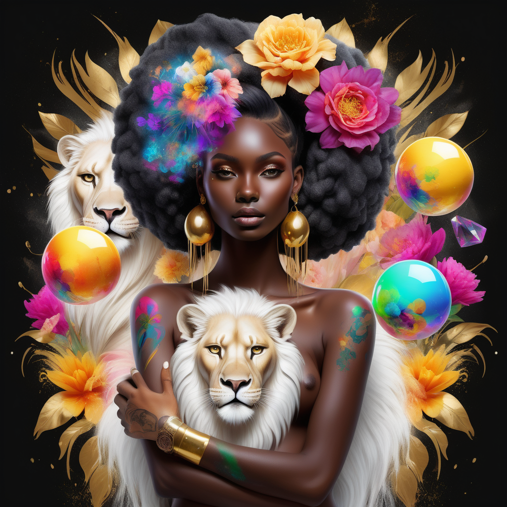 abstract exotic black Model with soft colorful flowers the colors leak into her hair.  add She is holding a toy top in gold she is looking at realistic white  lion 8 crystal balls floating in the air add tattoos on her arms and shoulder