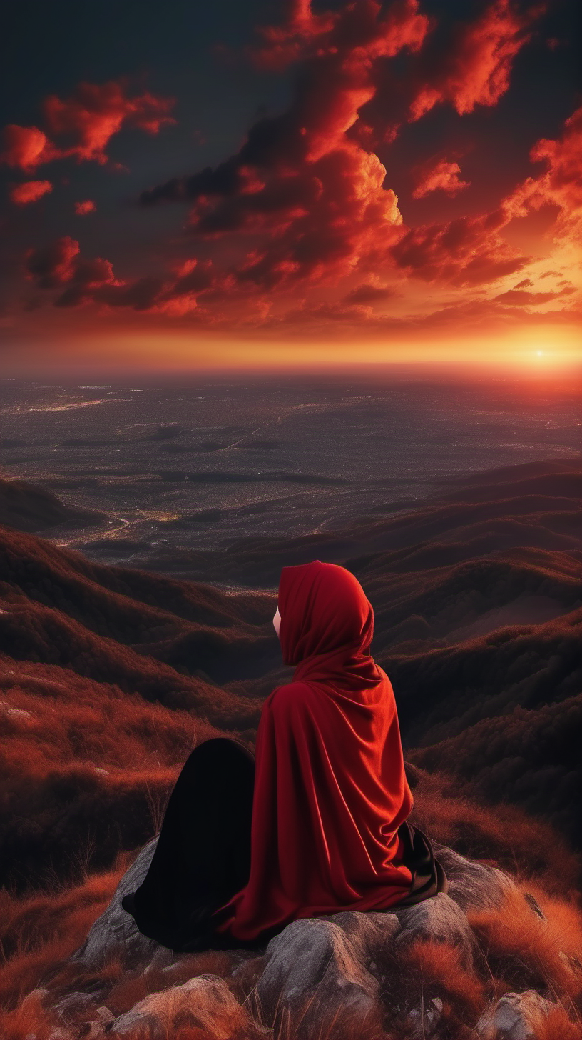 Sitting on a mountain hill, wearing a black jacket, wearing a hijab, looking at the beauty of red to golden clouds, at sunset. Space View. Very beautiful