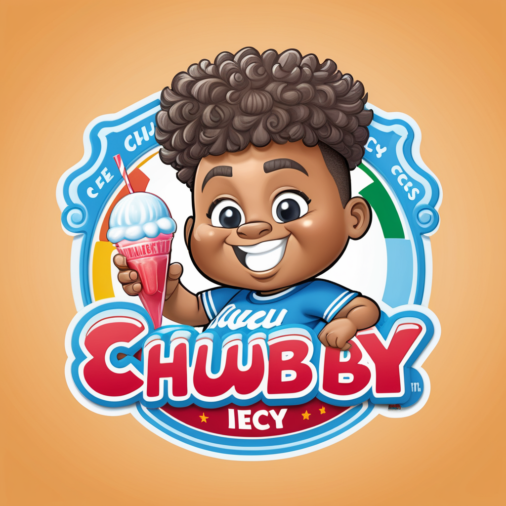 Creat an image of a stylized 3 dimensional emblem with resemblance to a badge or seal. The emblem features the words “Chubby Cheeks Iceys” in bold raised lettering. The central image is a cute African American boy with a curly high top fade holding an italian ice 