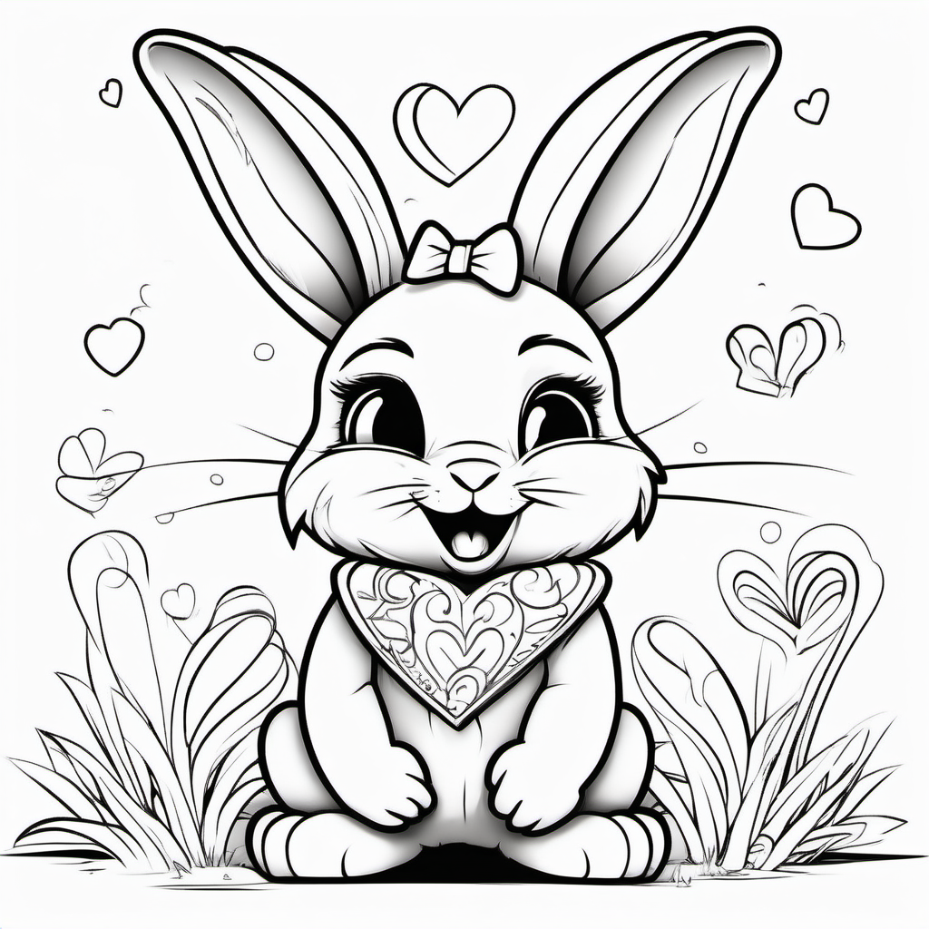 super Adorable little bunny line art coloring book page, valentine hearts, black and white, sweet smile, character full body, so cute, excited, big bright eyes, shiny and fluffy,
fairytale, energetic, playful, incredibly high detail, 16k, octane rendering, gorgeous, ultra wide angle.