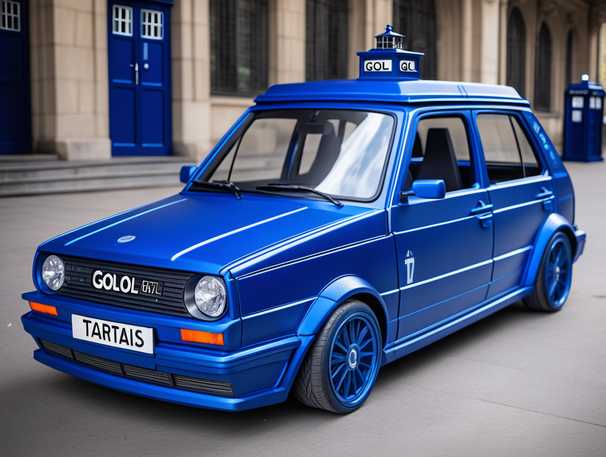 A customized blue Gol car with TARDIS details