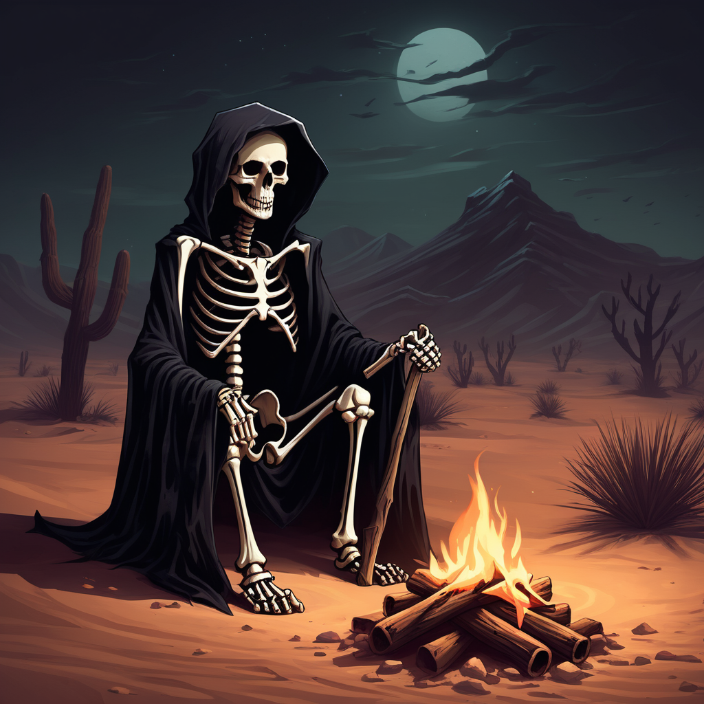 Desert; dark; scary; skeleton; campfire;  grim reaper

