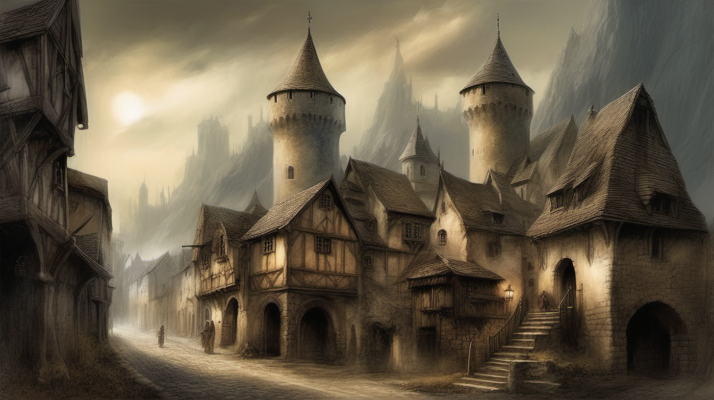 genera una ilustración de fantasía estilo Luis Royo, de un pueblo medieval con calles estrechas, luz mística, al fondo un castillo