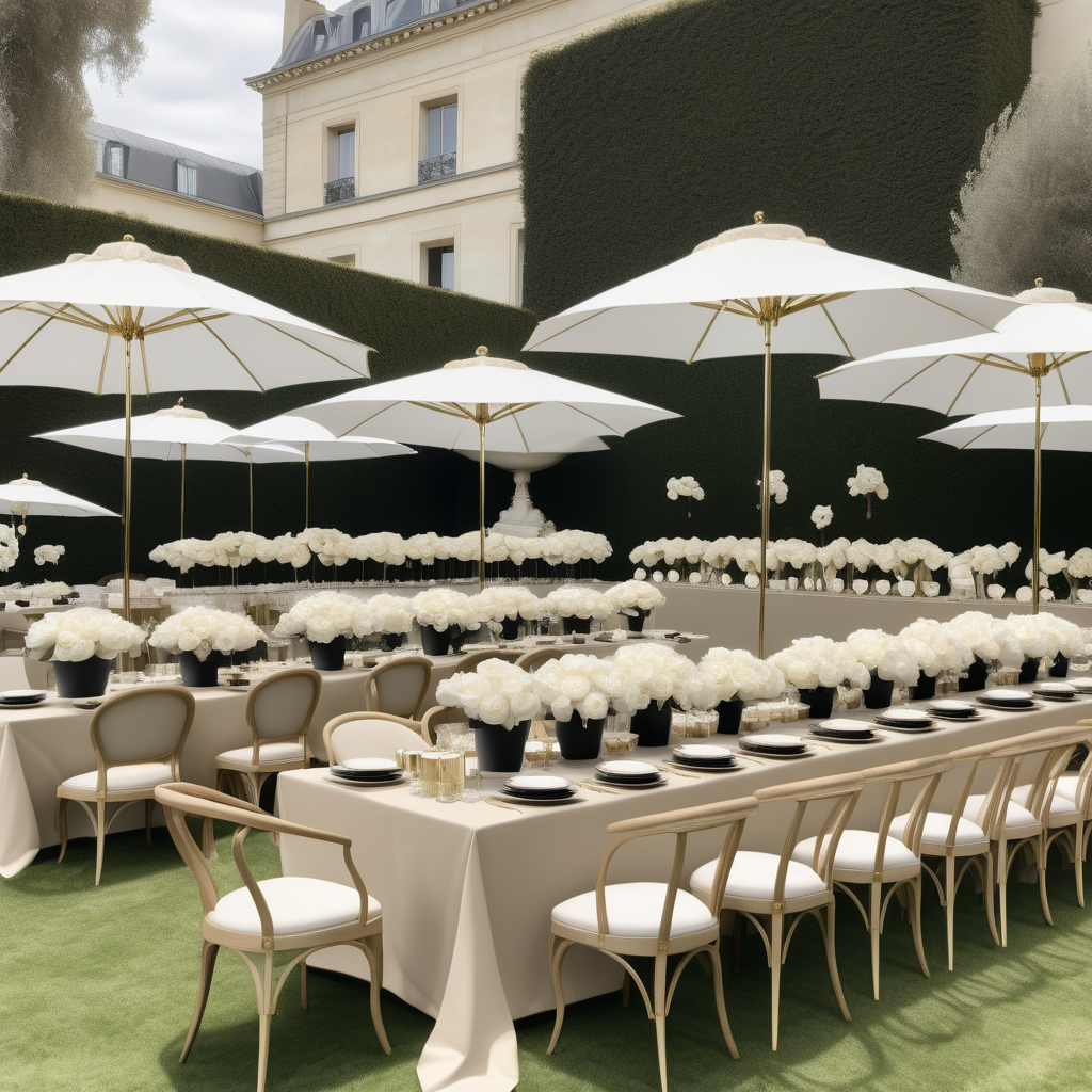 a hyperrealistic image of a grand Modern Parisian  garden high tea party for 10 people, in a large open yard surrounded by manicured gardens and white roses, in a beige oak brass and black colour palette, with Umbrellas