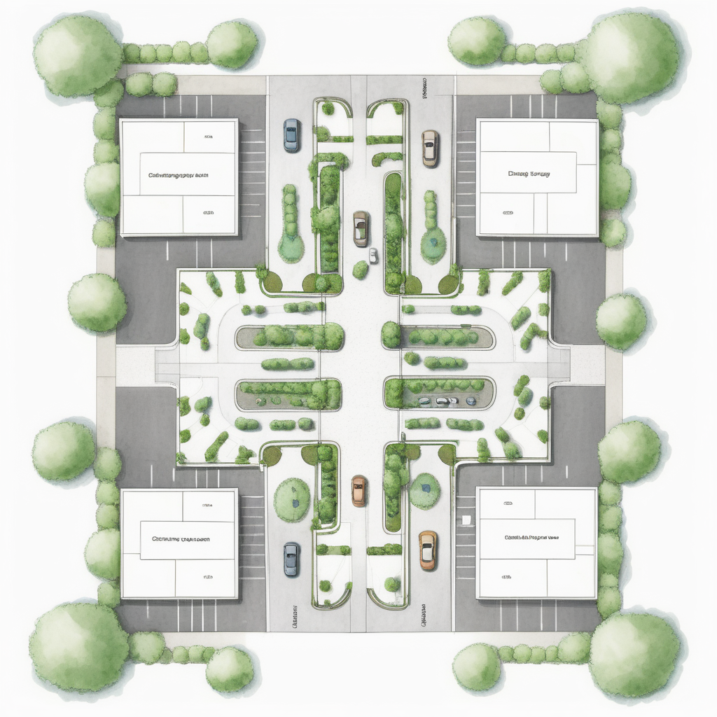 一个停车场设计图纸，长方形平面图，平均分为四个区域，每个区域有单独的入口和出口，区域之间用少量绿植相隔，外围没有绿植，只有公路
