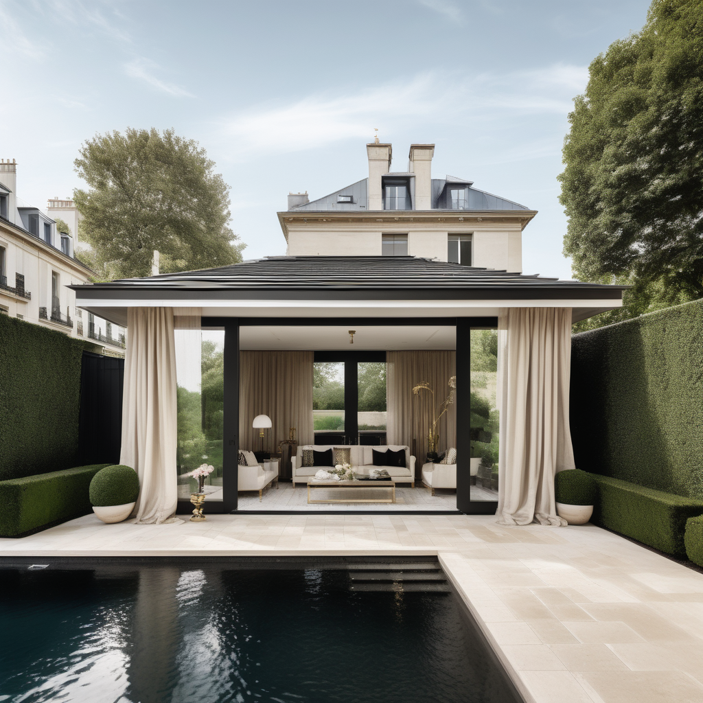 hyperrealistic modern Parisian Cabana with sheer curtains; Limestone pavers;  overlooking the sparklin pool; beige, oak, brass and black colour palette; sprawling lawns

