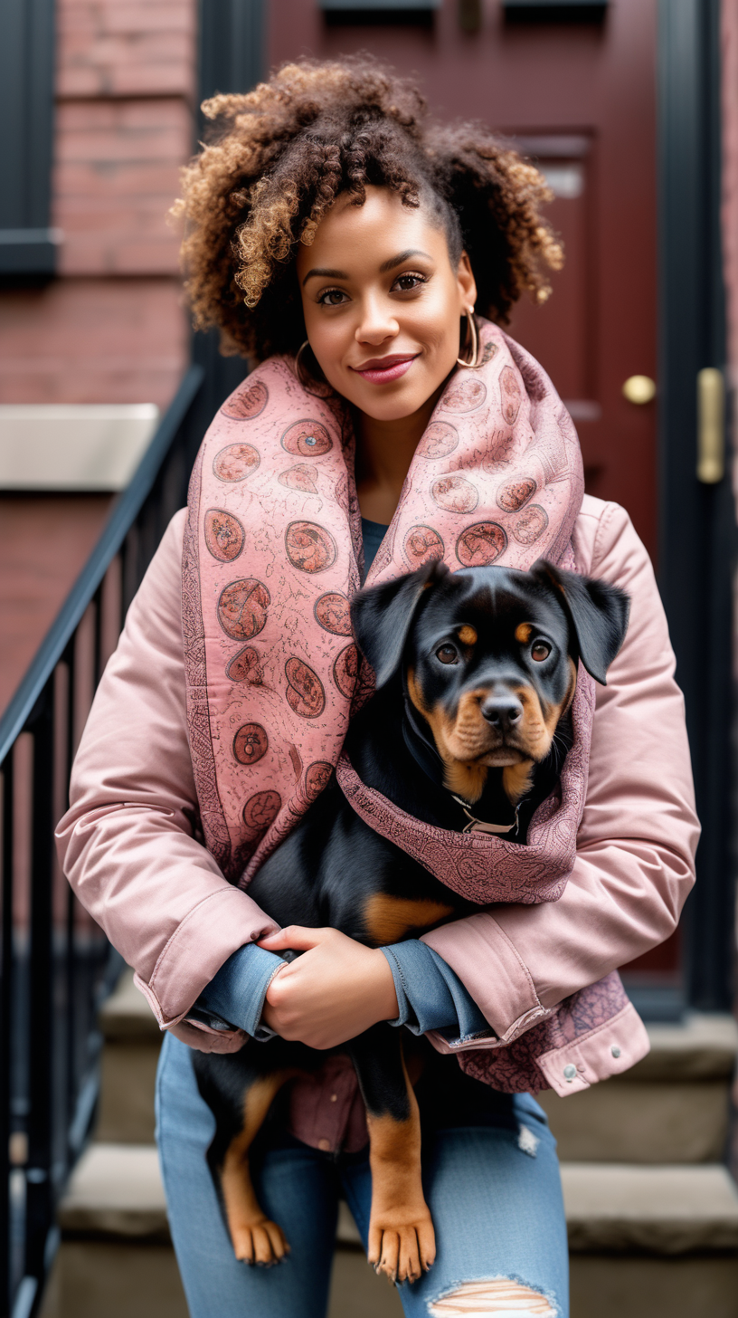 A beautiful, light skinned woman, wearing curly hair, Facing the camera, wearing an African printed scarf, wearing a Dusty Rose, Levi denim jacket reimagined into a waist length, down filled jacket, with brown fur shawl collar, African printed fabric inserted in various places, holding a Rottie puppy, standing on the stoop of a Brownstone in Harlem NY, ultra4k, high definition, hyper realistic