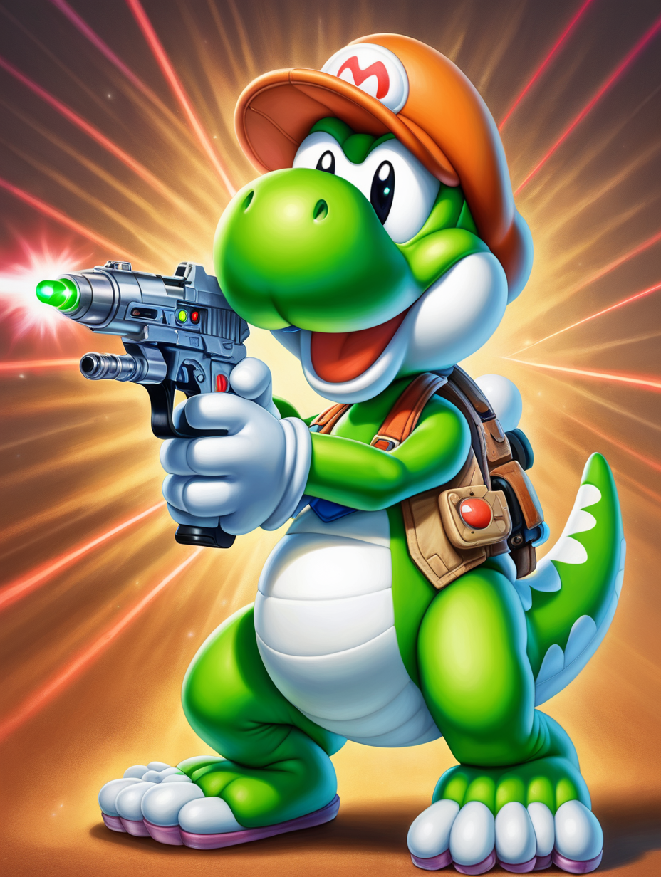 portrait of funny Yoshi with a laser gun