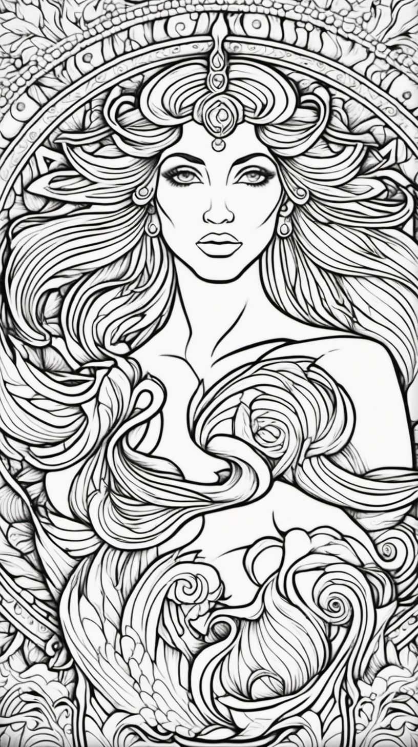 mythological siren, mandala background, coloring book page, clean line art, no color