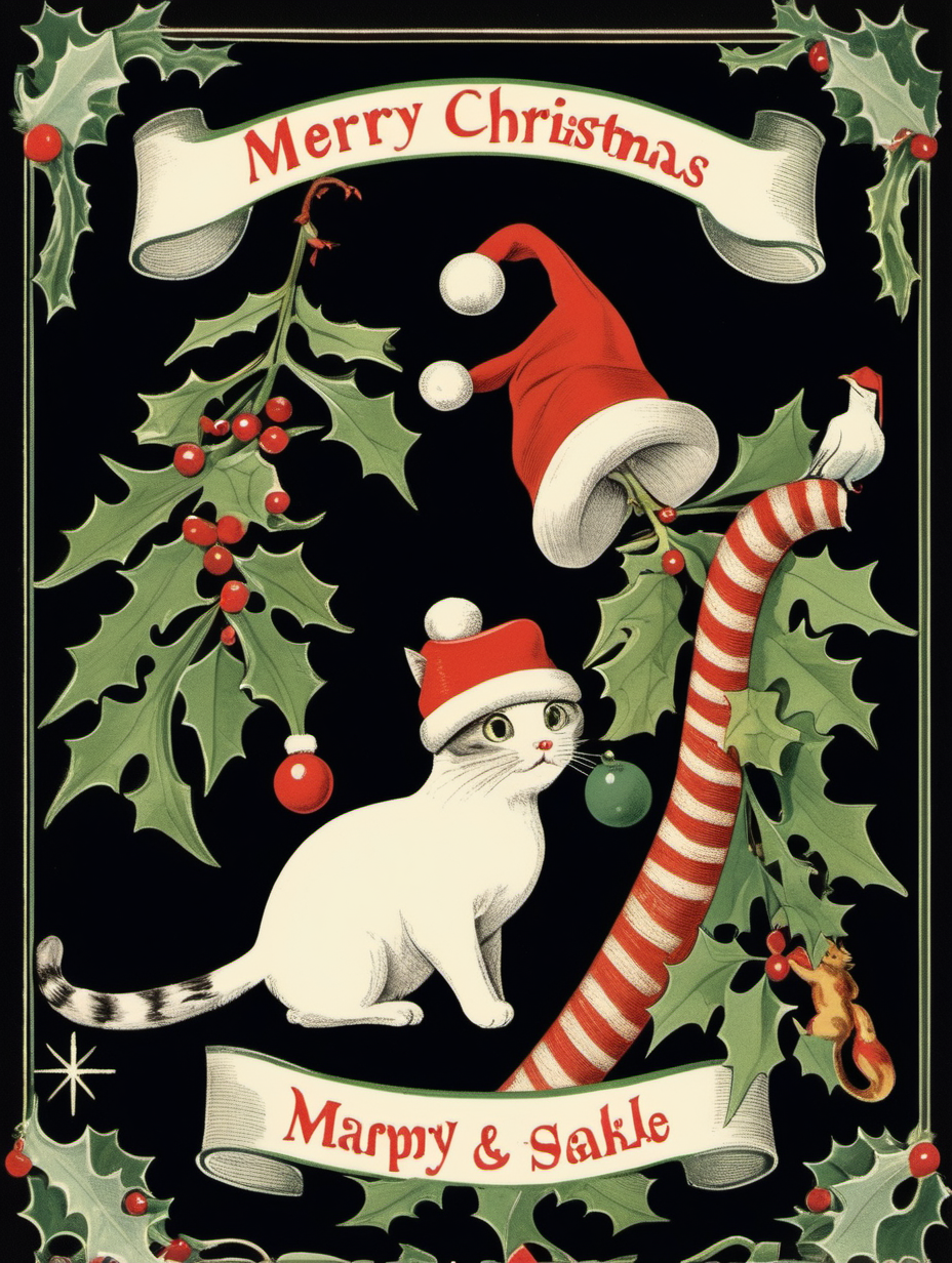 vintage christmas card illustration with mistletoe, a cat and a seagull and a snake wearing christmas hats on a black background