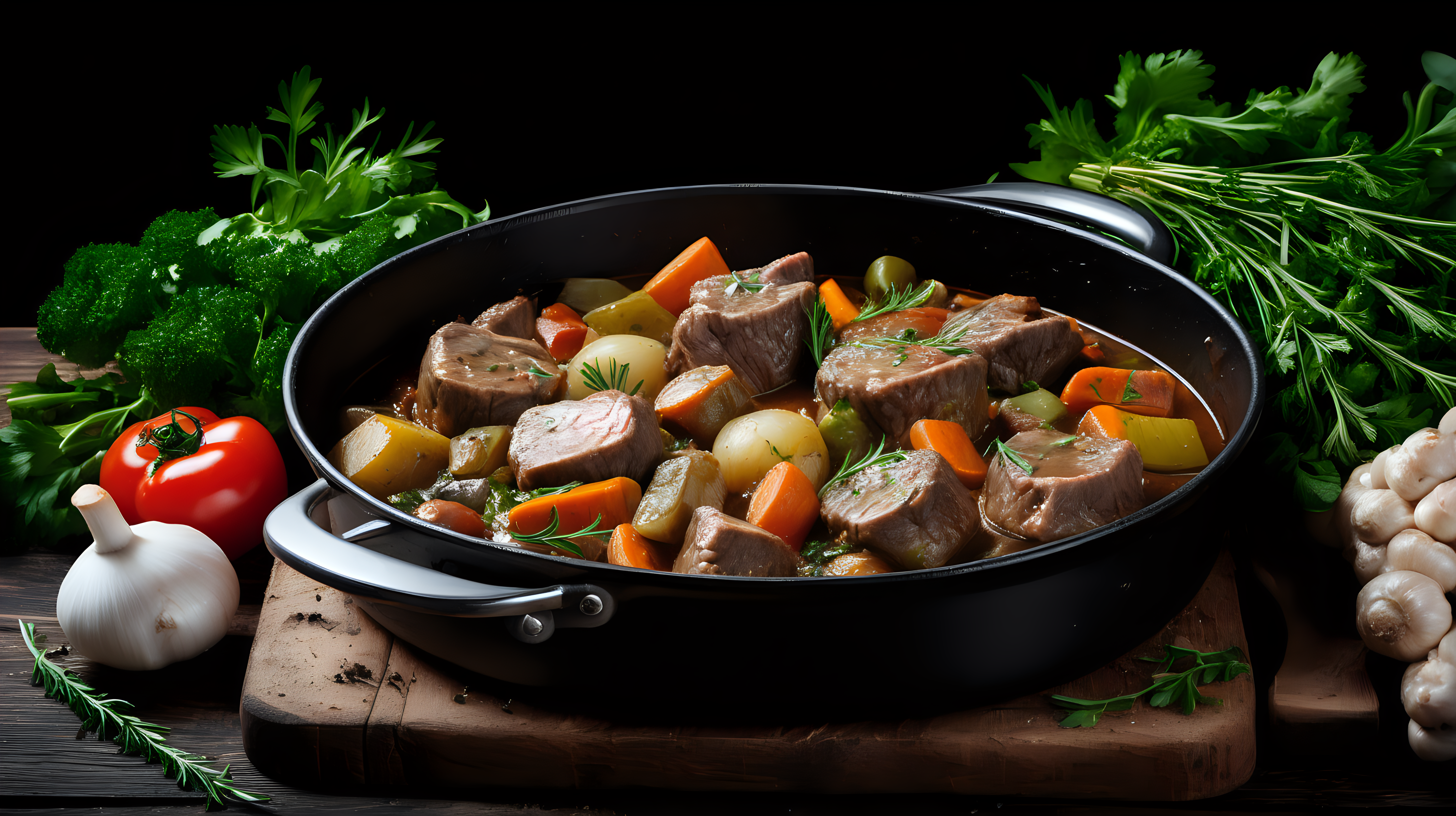 lamb stew in pan  with herbs and vegetables on wooden table, black background 