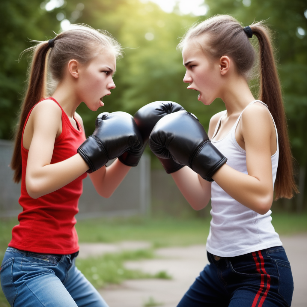 slim teen girls fighting punching damage