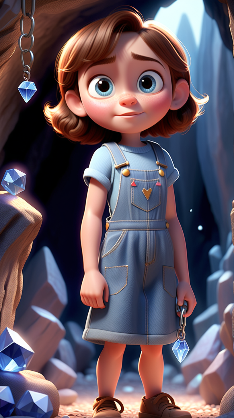 imagine 5 year old short girl with brown hair, fair skin, hazel eyes, wearing a denim dress overall, use Pixar style animation, make it full body size, standing inside a cave holding a key with a blue crystal, surrounded by crystals