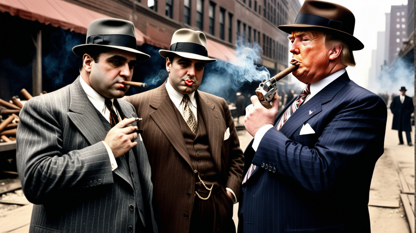 Al Capone & Donald Trump smoking a cigar and holding a machine gun in Chicago stockyard